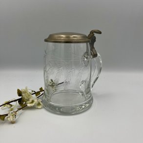 Vintage tysk Rastal �lkrus i glas med graveret kornmotiv og tinl�g