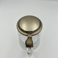 Vintage tysk Rastal �lkrus i glas med graveret kornmotiv og tinl�g