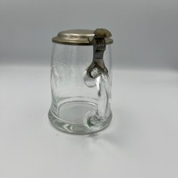 Vintage tysk Rastal �lkrus i glas med graveret kornmotiv og tinl�g