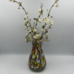 Mundbl�st glaskunst vase i Murano stil med flerfarvet m�nster
