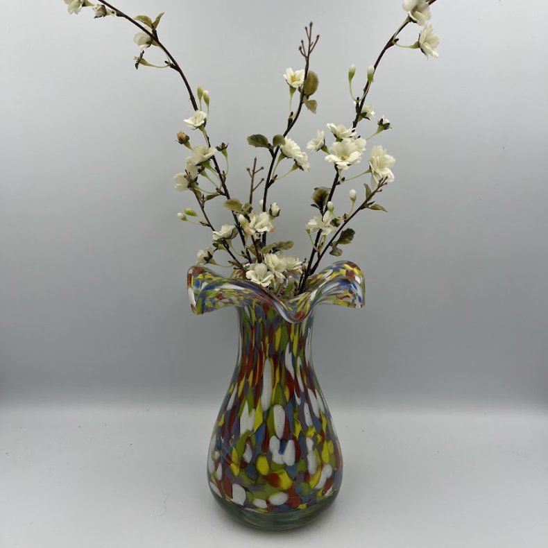 Mundbl�st glaskunst vase i Murano stil med flerfarvet m�nster