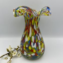 Mundbl�st glaskunst vase i Murano stil med flerfarvet m�nster