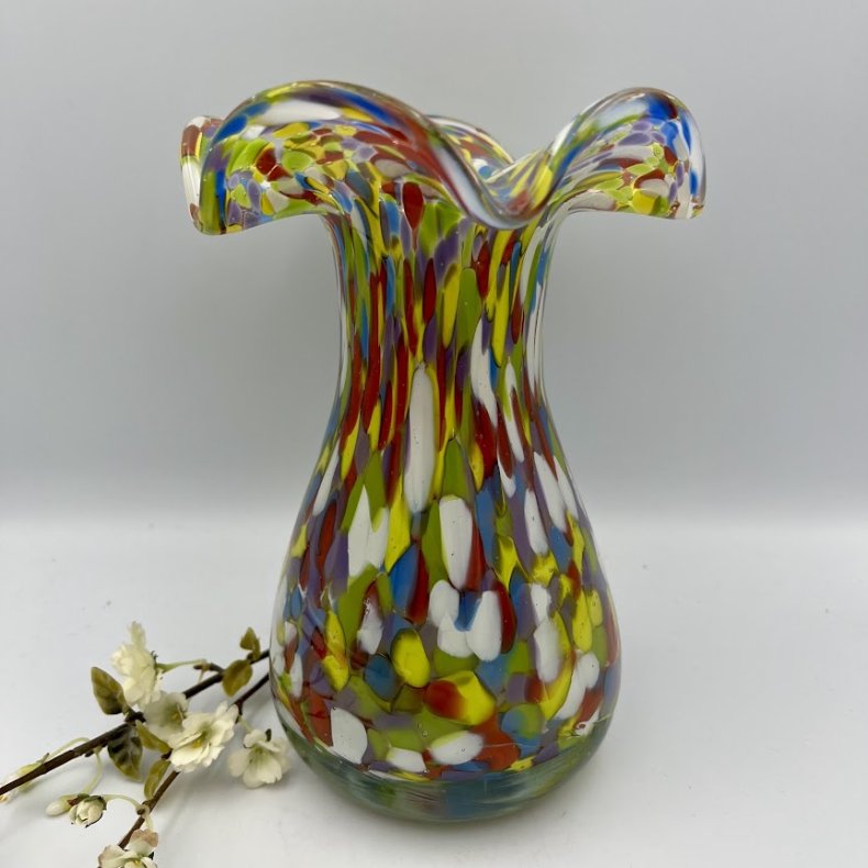 Mundbl�st glaskunst vase i Murano stil med flerfarvet m�nster