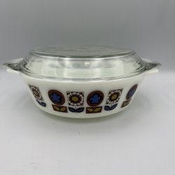 Vintage JAJ Pyrex Indiana ovalt fad med glasl�g