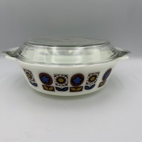 Vintage JAJ Pyrex Indiana ovalt fad med glasl�g