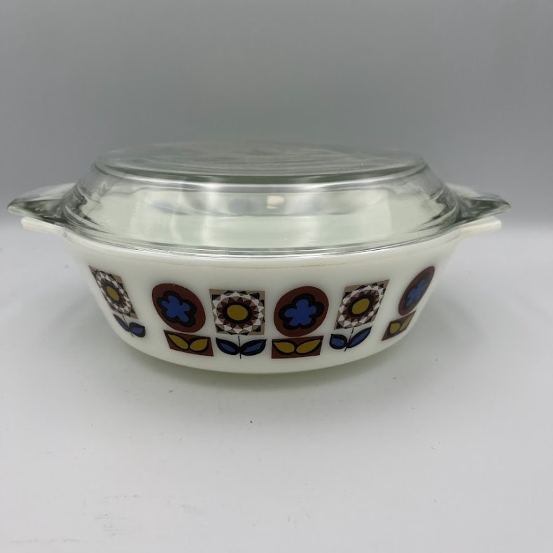 Vintage JAJ Pyrex Indiana ovalt fad med glasl�g
