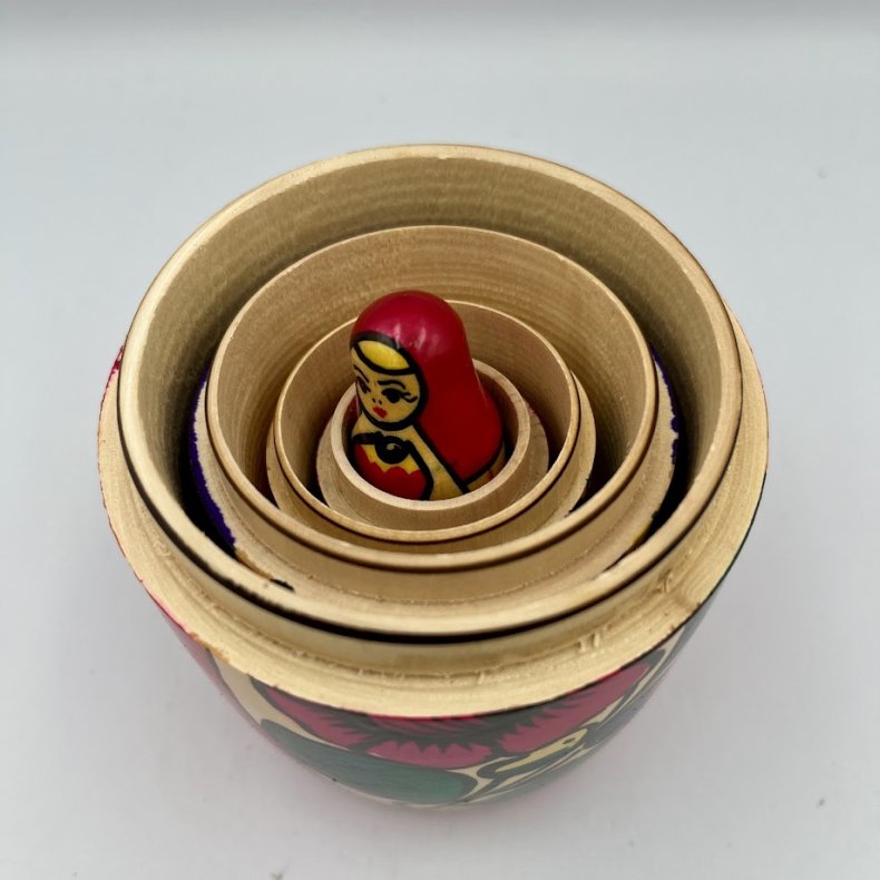Klassiske H�ndmalede Babushka-dukker i Tr� � Traditionelt S�t (5 stk.)