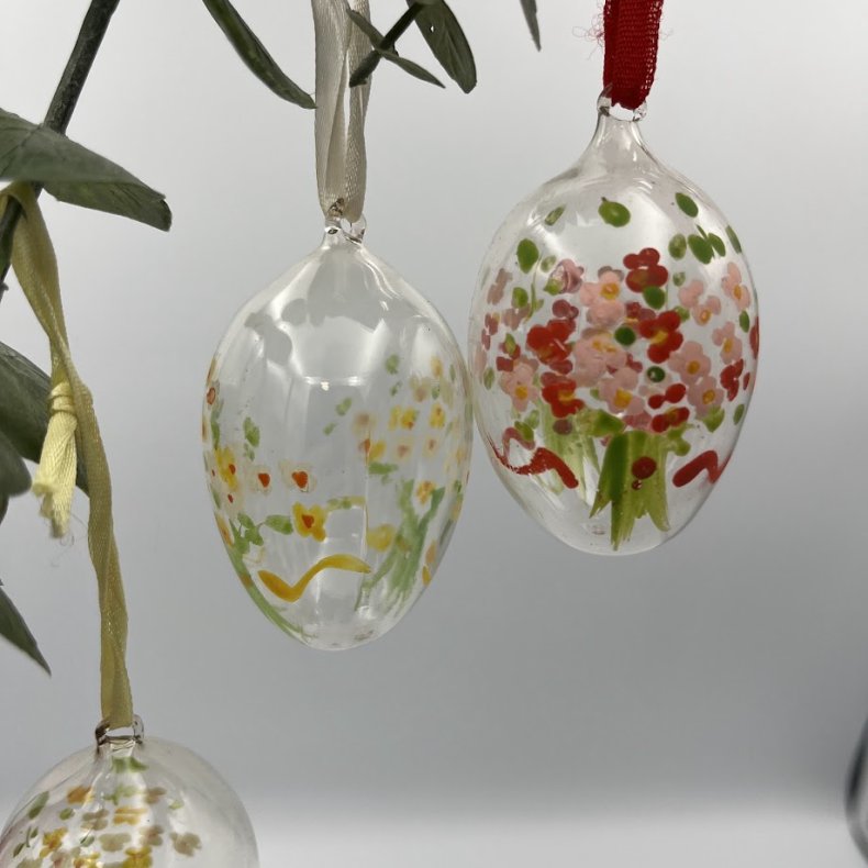 H�ndmalede P�ske�g i Glas � Smukke Glas�g med Blomstermotiver (4-pak)