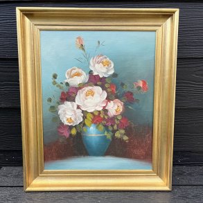 Oliemaleri med blomstermotiv af p�oner 