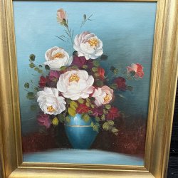 Oliemaleri med blomstermotiv af p�oner 