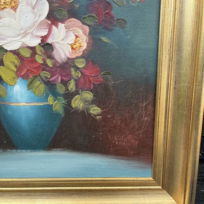Oliemaleri med blomstermotiv af p�oner 