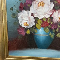 Oliemaleri med blomstermotiv af p�oner 