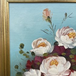 Oliemaleri med blomstermotiv af p�oner 