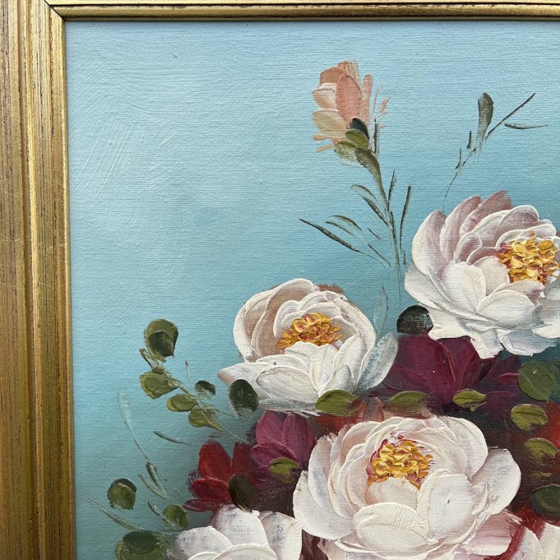 Oliemaleri med blomstermotiv af p�oner 