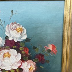 Oliemaleri med blomstermotiv af p�oner 
