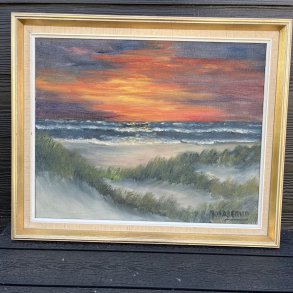 Oliemaleri af Kobberup af farverig solnedgang