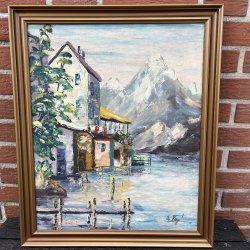Vintage Oliemaleri � Alpin Bjergs� og Bindingsv�rkshuse af E. Vogt