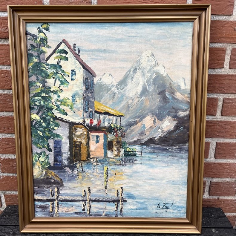 Vintage Oliemaleri � Alpin Bjergs� og Bindingsv�rkshuse af E. Vogt