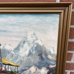 Vintage Oliemaleri � Alpin Bjergs� og Bindingsv�rkshuse af E. Vogt