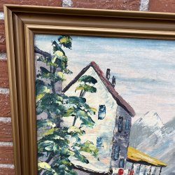 Vintage Oliemaleri � Alpin Bjergs� og Bindingsv�rkshuse af E. Vogt