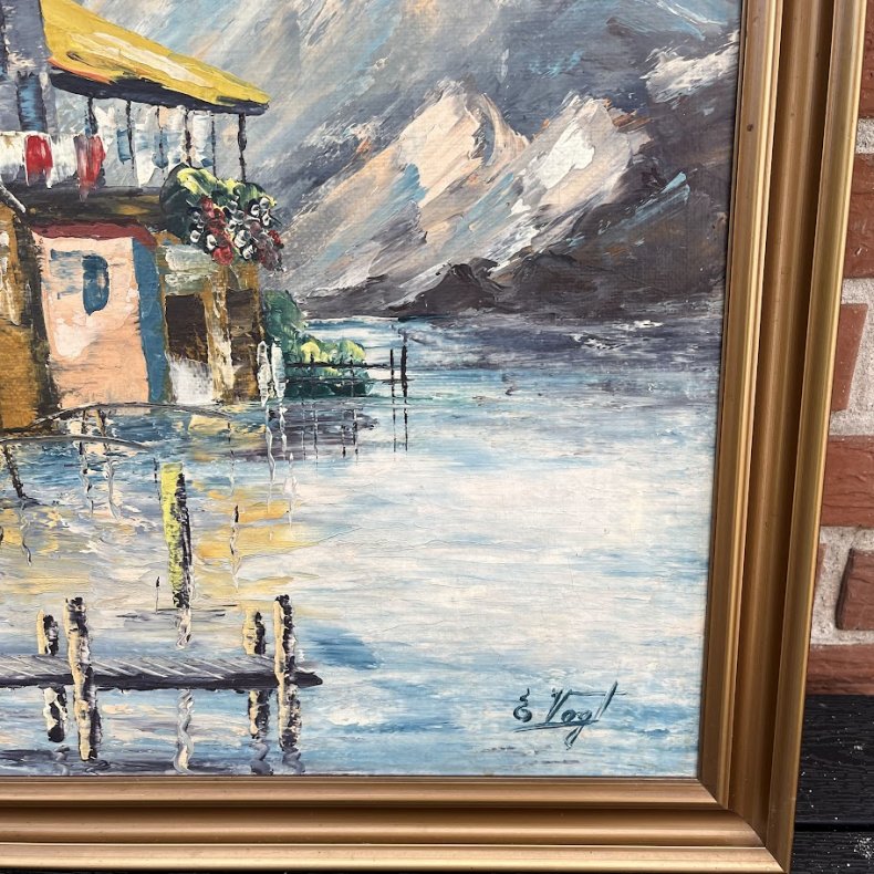 Vintage Oliemaleri � Alpin Bjergs� og Bindingsv�rkshuse af E. Vogt