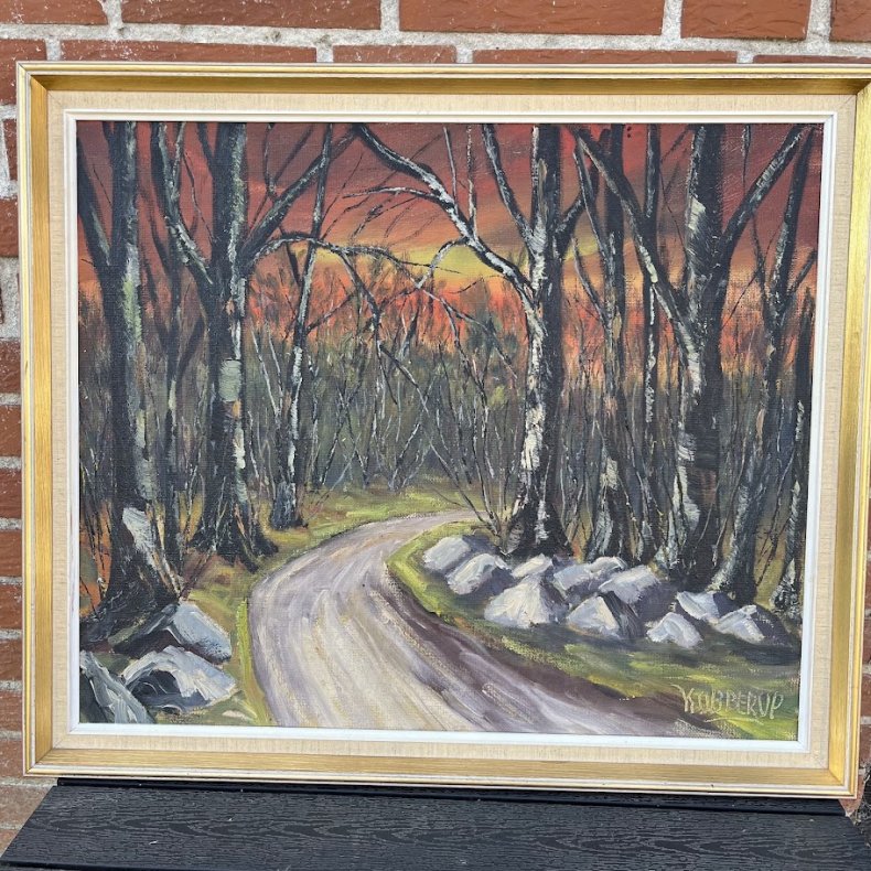 Klassisk oliemaleri af Carl A. Kobberup � Skovsti i gl�dende aftensol