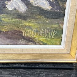 Klassisk oliemaleri af Carl A. Kobberup � Skovsti i gl�dende aftensol