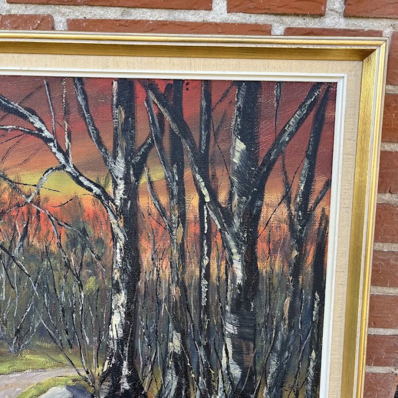 Klassisk oliemaleri af Carl A. Kobberup � Skovsti i gl�dende aftensol