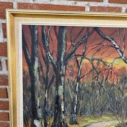 Klassisk oliemaleri af Carl A. Kobberup � Skovsti i gl�dende aftensol