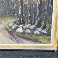 Klassisk oliemaleri af Carl A. Kobberup � Skovsti i gl�dende aftensol