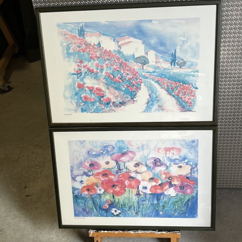 Par af vintage kunstplakater � Linda Fay Powell akvareltryk med toscanske motiver