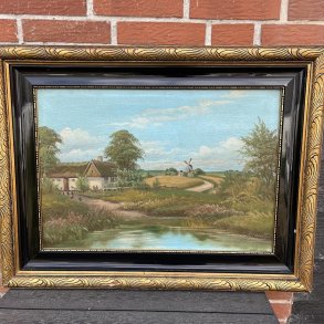 Klassisk landskabsmaleri med str�t�kt idyl og guldramme
